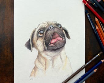 Surprised Pug Art Print, Hand-Painted Reproduction, Museum-Quality Paper