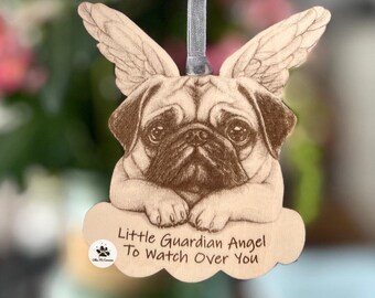 Pug Angel Wooden Ornament, Dog Memorial Decor, Made in UK
