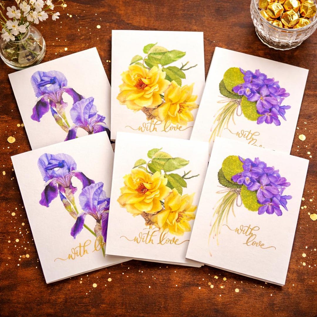 Watercolor Flower Cards Set – Iris, Rose, Violet, With Love - Etsy