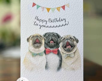 Singing Pugs Birthday Card, Funny Dog Illustration, Pug Lover Gift, Whimsical Greeting Card