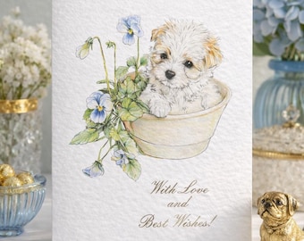Cute Puppy in Flower Pot Card | Pansy Flowers Greeting Card | Retro Illustrated Dog Card | With Love and Best Wishes Card, Birthday Card