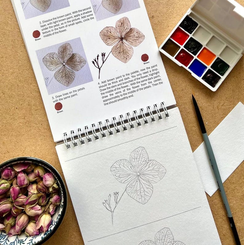 May include: An open sketchbook with a spiral binding, featuring a detailed drawing of a flower and instructions for painting. A watercolor palette with various colors, a paintbrush, and a small bowl of dried flowers are also present.