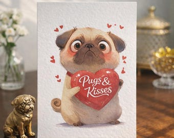 Cute pug puppy Card, Cute Dog Greeting Card, Pugs and kisses with heart