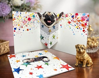 3D Pop-up Dog Birthday Card "Here I am", Birthday Greeting card, Pug Art Card, Funny dog Cards, Cute Cards with dog