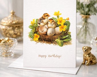Tarjeta de cumpleaños con pollitos - Tarjeta de feliz cumpleaños - Tarjeta de pájaros adorables - Tarjeta de felicitación de naturaleza - Tarjeta de cumpleaños en acuarela - Tarjeta de animales adorables