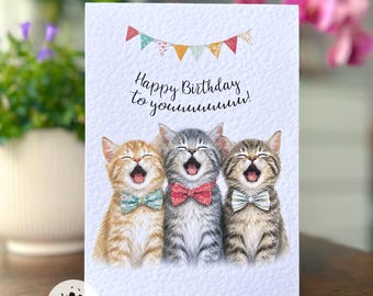 Singing cats Birthday Card, Funny kitten Illustration, Pug Lover Gift, Whimsical Greeting Card