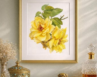Yellow Rose from Antalya, Watercolor flower fine art print from artist, Living Room Print, Botanical flower hand painting, home wall art
