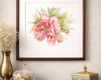 Peony Watercolor Wall Art Print, Botanical Flower Painting, Soft Pink Peony, Elegant Floral Wall Decor, Cottagecore Botanical Illustration