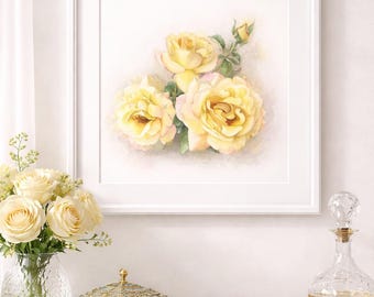 Rose Botanical Print from Original Watercolor, rose Gloria Dei (Peace), Soft Yellow Floral Wall Art, Elegant Decor, Gift for Her