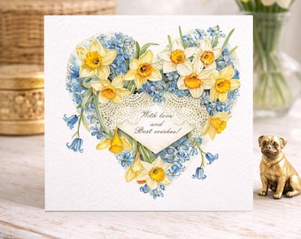 Daffodil Heart Greeting Card – Spring Floral Card, Romantic Botanical Card, Easter Card, Birthday Card, With Love Card