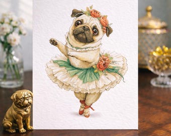 Dog Birthday Card A5 - Pug art Card - Pug ballerina Greeting Card - Pug dog cards from artist, Pug - ballerina in white dress