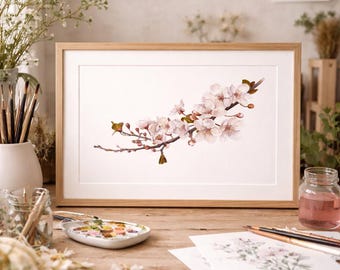 Flor de ciruelo, lámina de arte floral en acuarela de un artista, lámina para sala de estar, decoración de pared para dormitorio, decoración botánica floral pintada a mano