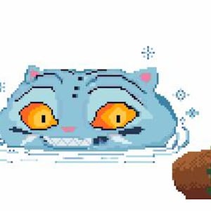 Peut inclure: Illustration pixélisée d'une tête de chat bleu clair avec des yeux orange et un large sourire, flottant dans l'eau. Un petit objet marron pixélisé avec des détails orange se trouve à droite.