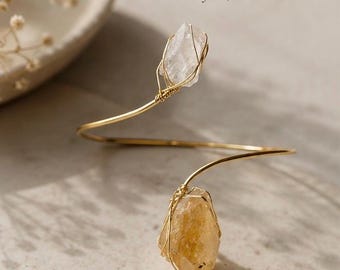 Handmade Raw Citrine + Clear Quartz Gold Wire Wrapped Bangle Bracelet, Healing Crystals, Citrine Lovers, Statement Piece