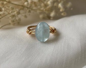 Gold Wire Wrapped Faceted Aquamarine Bead Ring, Boho/Indie Style, Minimalist, Size 6