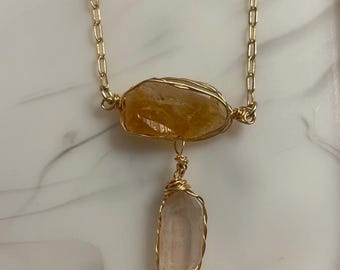 Natural Raw Citrine + Quartz Pendant, Gold Wire Wrapped Necklace, 14k Gold Plated Paperclip Chain, November Birthday - 18 inches