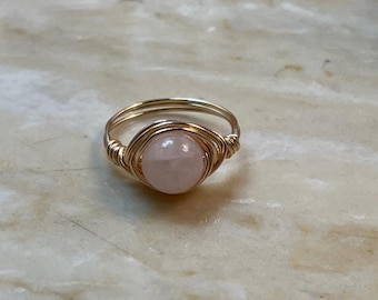 Handmade Gold Wire Wrapped Rose Quartz Ring - Size 7, Healing Crystals, Self-Love, Compassion