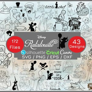 May include: Black and white line art illustrations of characters and scenes from the Disney movie "Ratatouille." The image includes the text "172 Files" and "43 Designs," along with the movie title and the phrase "Anyone can cook."