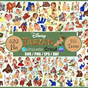 May include: A collection of Disney Tarzan-themed digital designs. The image features various characters and scenes from the movie, including Tarzan, Jane, and gorillas. The text includes "620 Files" and "155 Designs", along with "Disney Tarzan" and "silhouette Cricut SVG/PNG/EPS/DXF".