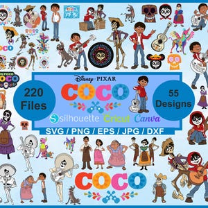 May include: A collection of Disney Pixar "Coco" themed digital designs. The image features various characters, guitars, and skull motifs in vibrant colors. Text includes "220 Files", "55 Designs", and file type formats.