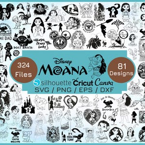 Może przedstawiać: Kolekcja czarno-białych wzorów sylwetek z motywem Disney Moana. Obraz zawiera tekst "Disney Moana" oraz "324 pliki, 81 wzorów". Projekty są dostępne w formatach SVG, PNG, EPS i DXF.