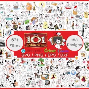 Könnte beinhalten: Eine Sammlung digitaler Designs zum Thema 101 Dalmatiner. Das Bild zeigt zahlreiche schwarz-weiße Dalmatiner-Illustrationen, zusammen mit dem Text "101 Dalmatiner" und "671 Dateien, 168 Designs". Verfügbar in SVG-, PNG-, EPS- und DXF-Formaten.