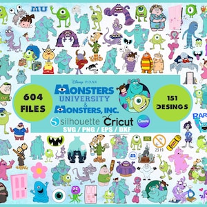Könnte beinhalten: Eine Sammlung von Cartoon-Charaktergrafiken aus Disney Pixars Monster University und Monster AG. Das Bild zeigt verschiedene Monster in verschiedenen Posen und Farben mit dem Text "604 FILES" und "151 DESIGNS". Geeignet für Cricut- und Silhouette-Projekte.