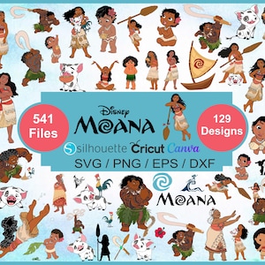 Op de afbeelding: Een digitale kunstcollectie met personages en elementen uit de Disney-film "Moana". De afbeelding bevat verschillende illustraties van Moana, Maui, Pua, Hei Hei en andere gerelateerde graphics. De tekst "Moana", "541 bestanden" en "129 Designs" is ook aanwezig.