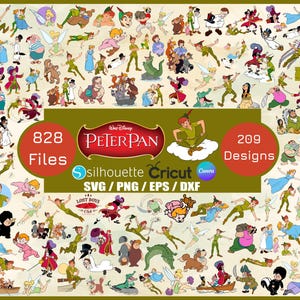 May include: A digital design collection featuring characters from Peter Pan. The image displays various cartoon illustrations of Peter Pan, Tinkerbell, and other characters. Text includes "828 Files" and "209 Designs".