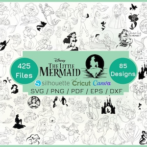 May include: A collection of 85 designs featuring characters and scenes from Disney's The Little Mermaid. The image includes 425 files in SVG, PNG, PDF, EPS, and DXF formats. The designs are in black and white.