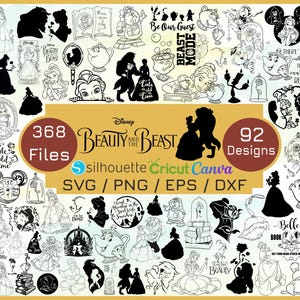 Puede incluir: Una colección de diseños digitales con el tema de La Bella y la Bestia. La imagen presenta siluetas e ilustraciones de personajes y objetos de la película de Disney, incluyendo a Bella, la Bestia y la Sra. Potts. La imagen también incluye el texto "368 archivos" y "92 diseños".