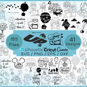 Può includere: Una collezione di disegni a tratteggio in bianco e nero con personaggi ed elementi del film Disney-Pixar "Up". Include il testo "Adventure is Out There", "165 file" e "41 design."