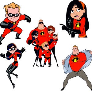 Puede incluir: Ilustraciones de dibujos animados de personajes de la pel&iacute;cula "Los Incre&iacute;bles". Los personajes est&aacute;n representados con sus trajes de superh&eacute;roes, principalmente en rojo y negro, con el ic&oacute;nico logotipo "i".