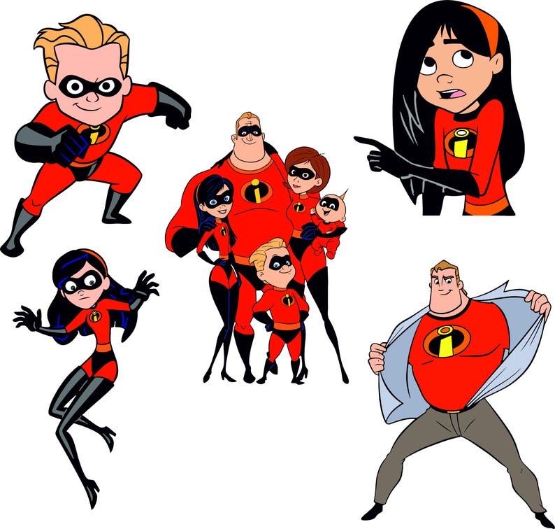 Puede incluir: Ilustraciones de dibujos animados de personajes de la pel&iacute;cula "Los Incre&iacute;bles". Los personajes est&aacute;n representados con sus trajes de superh&eacute;roes, principalmente en rojo y negro, con el ic&oacute;nico logotipo "i".