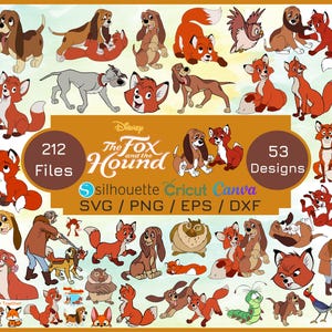 May include: A collection of cartoon illustrations featuring characters from Disney's "The Fox and the Hound." The images include various poses of a fox and a hound, along with other characters. The image also includes the text "212 Files" and "53 Designs."