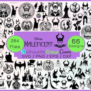 May include: A collection of 66 Maleficent designs in SVG, PNG, EPS, and DXF formats. The designs include silhouettes of Maleficent, her horns, and related quotes like "Just call me Queen" and "Crowns are overrated."