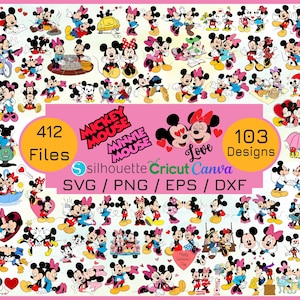 Pode incluir: Uma coleção de designs do Mickey Mouse e da Minnie Mouse em várias poses, com as palavras "Mickey Mouse" e "Minnie Mouse" em uma faixa rosa. A imagem também inclui o texto "412 Arquivos" e "103 Designs".