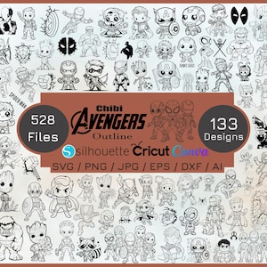 May include: A collection of black and white chibi-style superhero designs, including characters from the Avengers. The image includes the text "Chibi Avengers Outline" and "528 Files, 133 Designs". Formats include SVG, PNG, JPG, EPS, DXF, and AI.