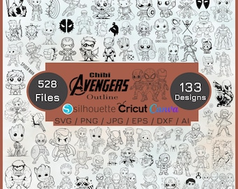 Avengers Mega Bundle SVG - Avengers Chibi outline, spiderman, captan america, hulk, marvel bundle, Printable Vector Designs Marvel Comic SVG