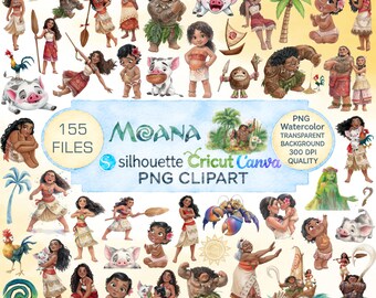 Moana Watercolor Clipart Bundle PNG, Moana Clipart, Ocean Tropical Birthday Party Clipart, Cute Moana Characters PNG