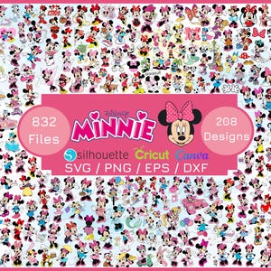 Może przedstawiać: R&oacute;żowa grafika z licznymi ilustracjami Minnie Mouse w r&oacute;żnych pozach. Obraz zawiera tekst "Disney Minnie" oraz szczeg&oacute;ły dotyczące plik&oacute;w i projekt&oacute;w, wraz z opcjami formatu pliku, takimi jak SVG i PNG.