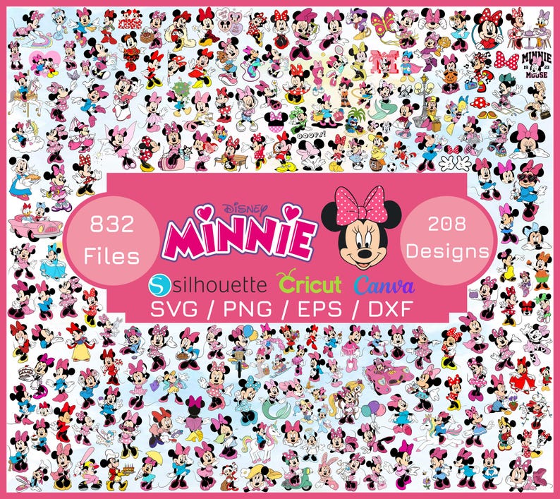 Może przedstawiać: R&oacute;żowa grafika z licznymi ilustracjami Minnie Mouse w r&oacute;żnych pozach. Obraz zawiera tekst "Disney Minnie" oraz szczeg&oacute;ły dotyczące plik&oacute;w i projekt&oacute;w, wraz z opcjami formatu pliku, takimi jak SVG i PNG.