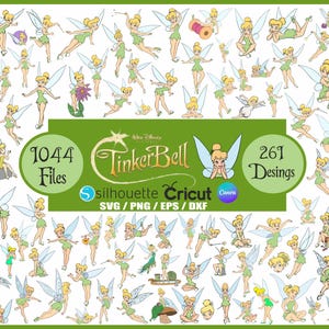 May include: A collection of Tinkerbell designs in various poses, with green and yellow color schemes. The image includes the text "1044 Files" and "261 Designs", along with the Disney Tinkerbell logo and SVG/PNG/EPS/DXF file formats.