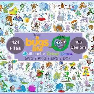 May include: A digital design bundle featuring characters from Disney's "A Bug's Life." The image includes various cartoon insects in different poses and colors, with the text "a bugs life" in yellow. The bundle includes 424 files and 106 designs.