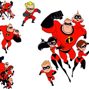 Puede incluir: Ilustraciones de dibujos animados de la familia de Los Incre&iacute;bles con sus trajes de superh&eacute;roes rojos y negros. La imagen muestra varias poses y agrupaciones de los personajes, todos con el ic&oacute;nico logotipo "i". El fondo es blanco.