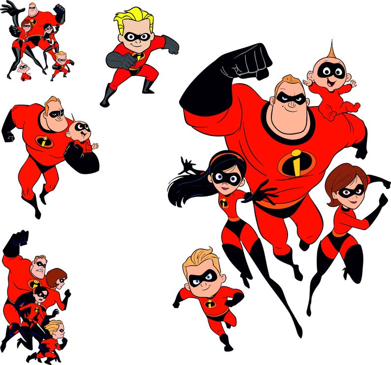 Puede incluir: Ilustraciones de dibujos animados de la familia de Los Incre&iacute;bles con sus trajes de superh&eacute;roes rojos y negros. La imagen muestra varias poses y agrupaciones de los personajes, todos con el ic&oacute;nico logotipo "i". El fondo es blanco.