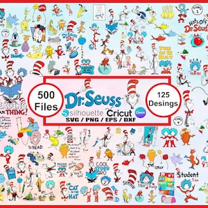 Op de afbeelding: Een verzameling digitale ontwerpen met het thema Dr. Seuss, inclusief personages en citaten. De afbeelding toont verschillende illustraties, de tekst "500 Bestanden" en "125 Ontwerpen", en het Dr. Seuss-logo. De ontwerpen zijn in SVG-, PNG-, EPS- en DXF-formaten.