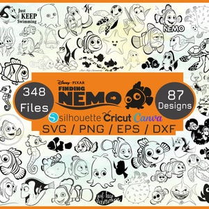 May include: A collection of black and white line art illustrations featuring characters from the Disney Pixar movie "Finding Nemo." The image includes various fish, turtles, and other sea creatures, along with the text "Just Keep Swimming."
