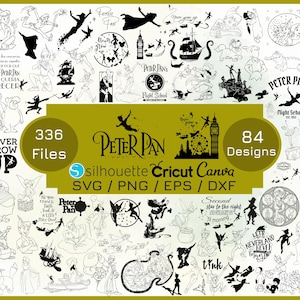 Könnte beinhalten: Eine Sammlung digitaler Designs zum Thema Peter Pan in Schwarz und Weiß. Das Bild zeigt Silhouetten von Peter Pan, Tinkerbell und anderen Charakteren sowie Textelemente. Verfügbar in SVG-, PNG-, EPS- und DXF-Formaten.