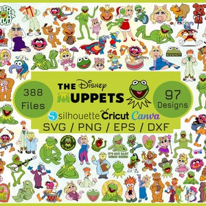 May include: A vibrant collection of Disney Muppets character designs, featuring Kermit, Miss Piggy, and Fozzie Bear. The image includes the text "The Disney Muppets," "388 Files," and "97 Designs."